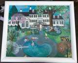 Large Original Painting Signed Regi Klein 33x39 Folk Art House Pool - Image 1