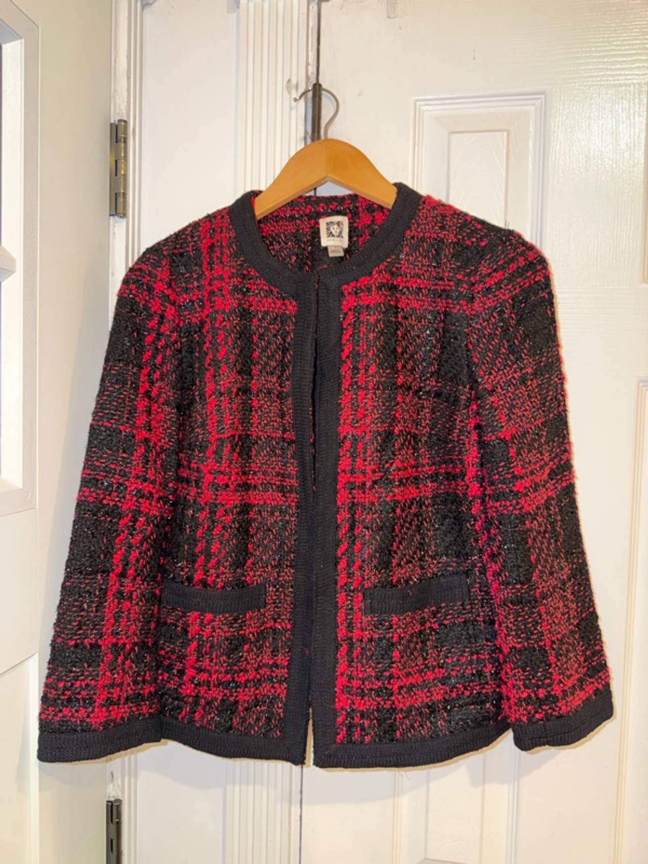 Anne Klein Red Black Plaid Open Front Coat Size 4
