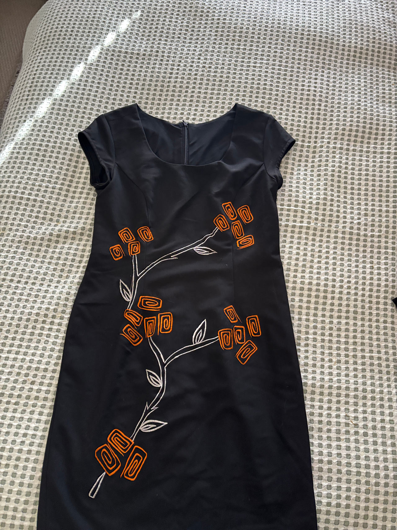 Black Cap Sleeve Dress with Embroidered Floral Design