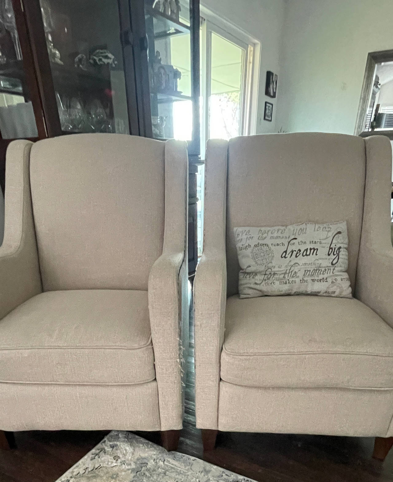 Beige Upholstered Wingback Chair Pair