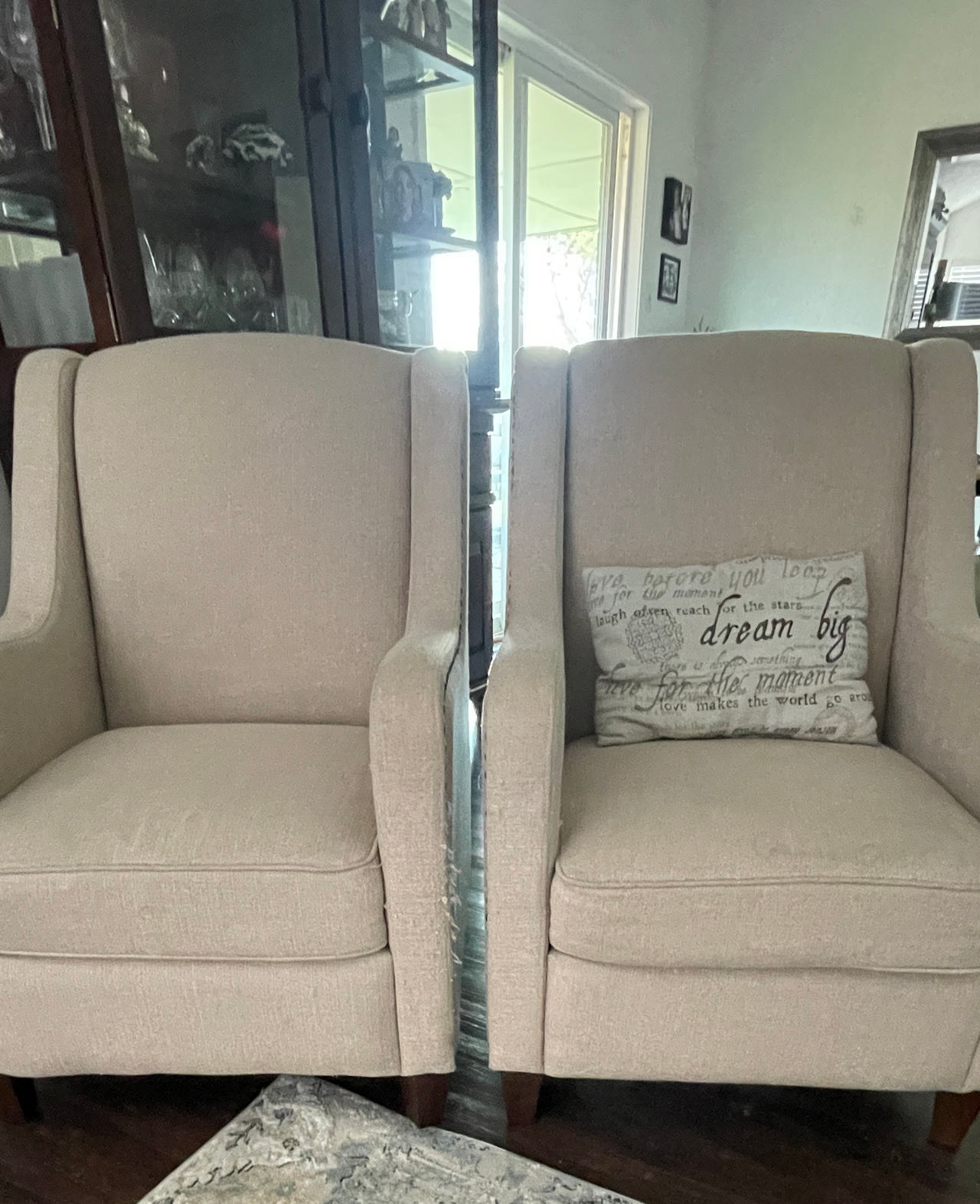 Beige Upholstered Wingback Chair Pair