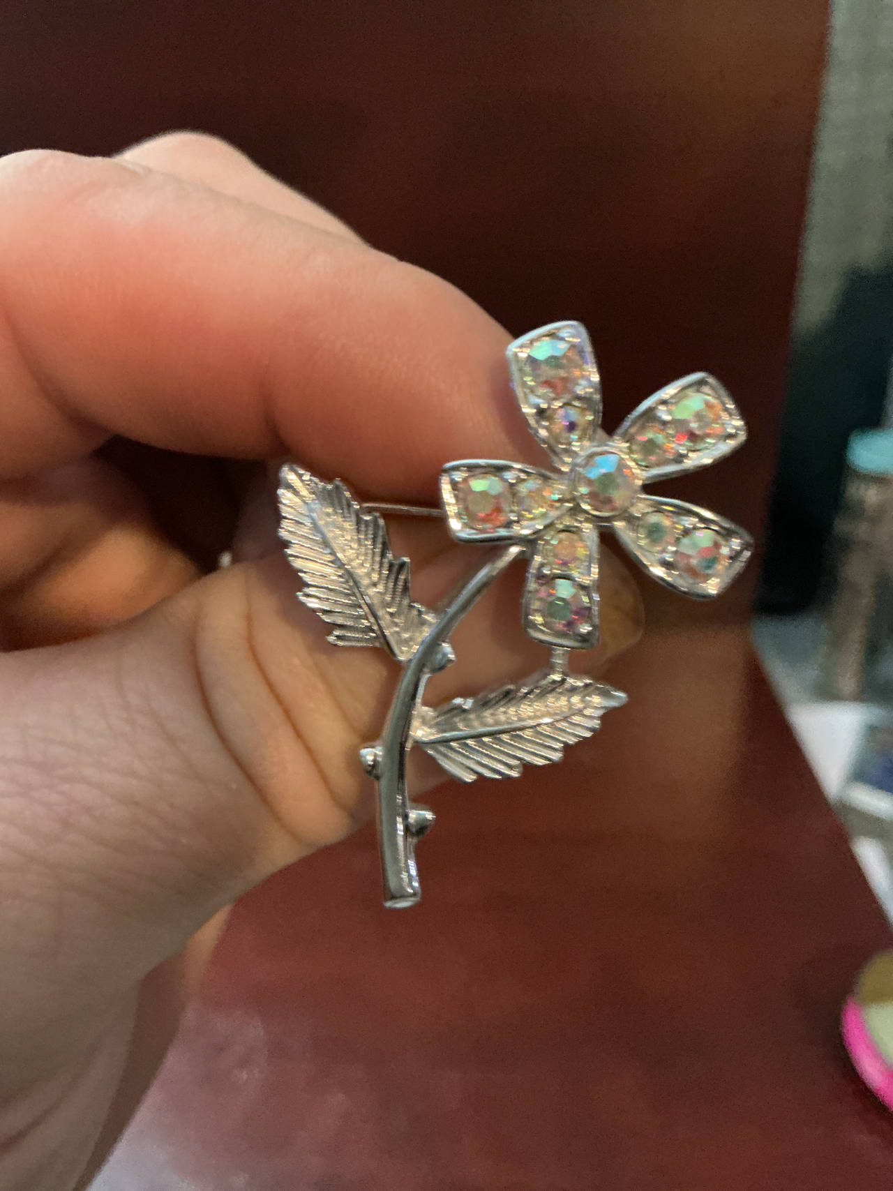 Vintage Silver Tone Aurora Borealis Rhinestone Flower Brooch