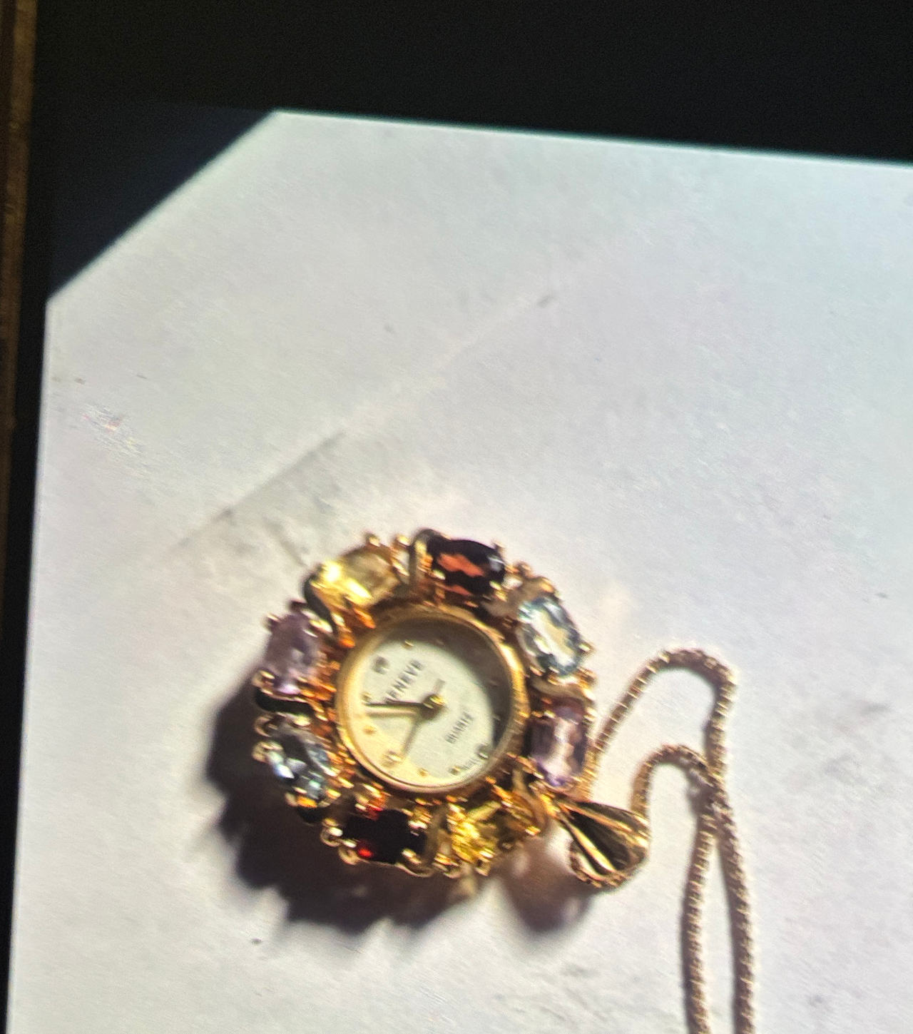 Geneve 14k Gold Multi-Gemstone Pendant Watch