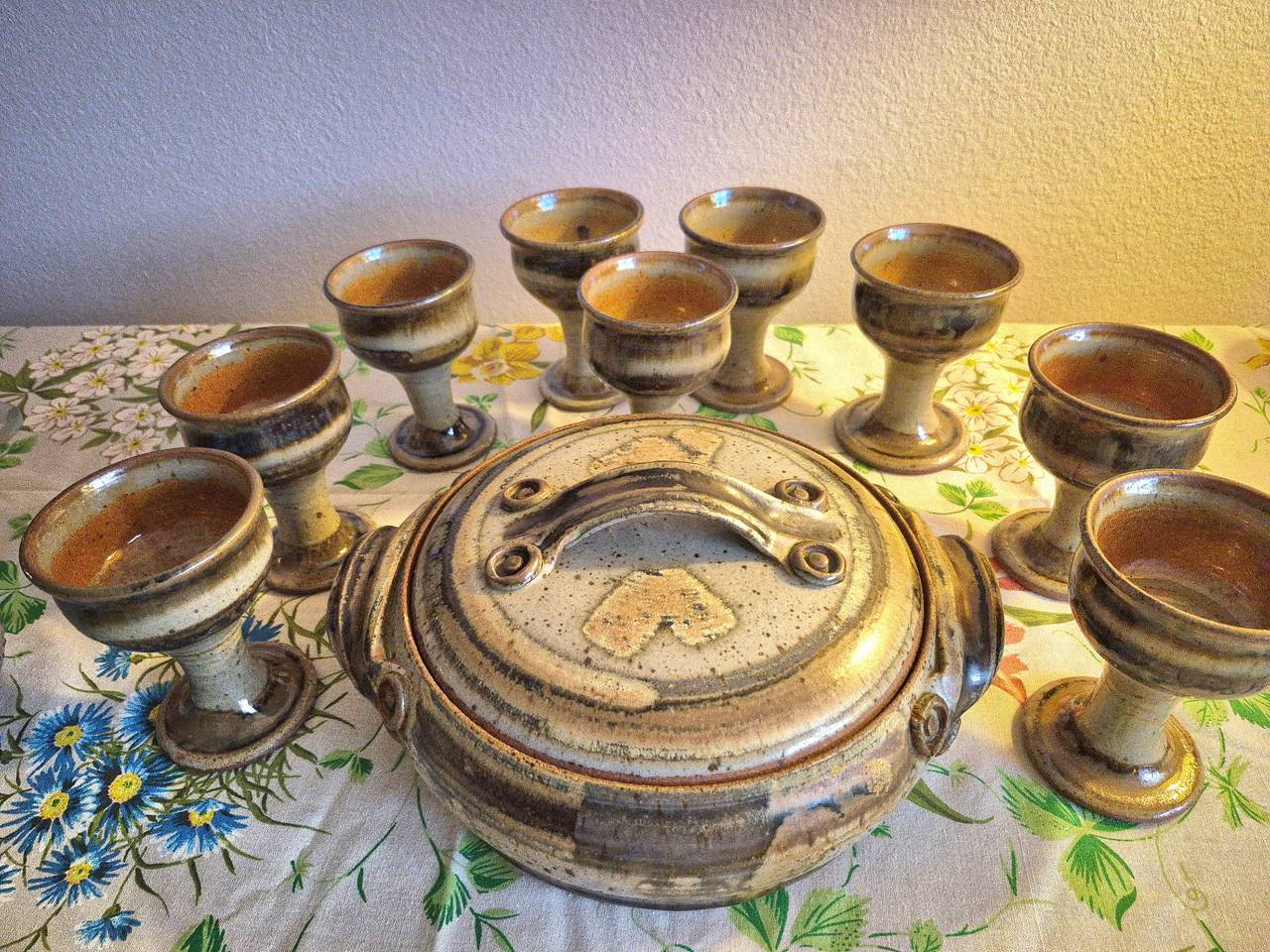 Handmade Stoneware Pottery Punch Bowl Set