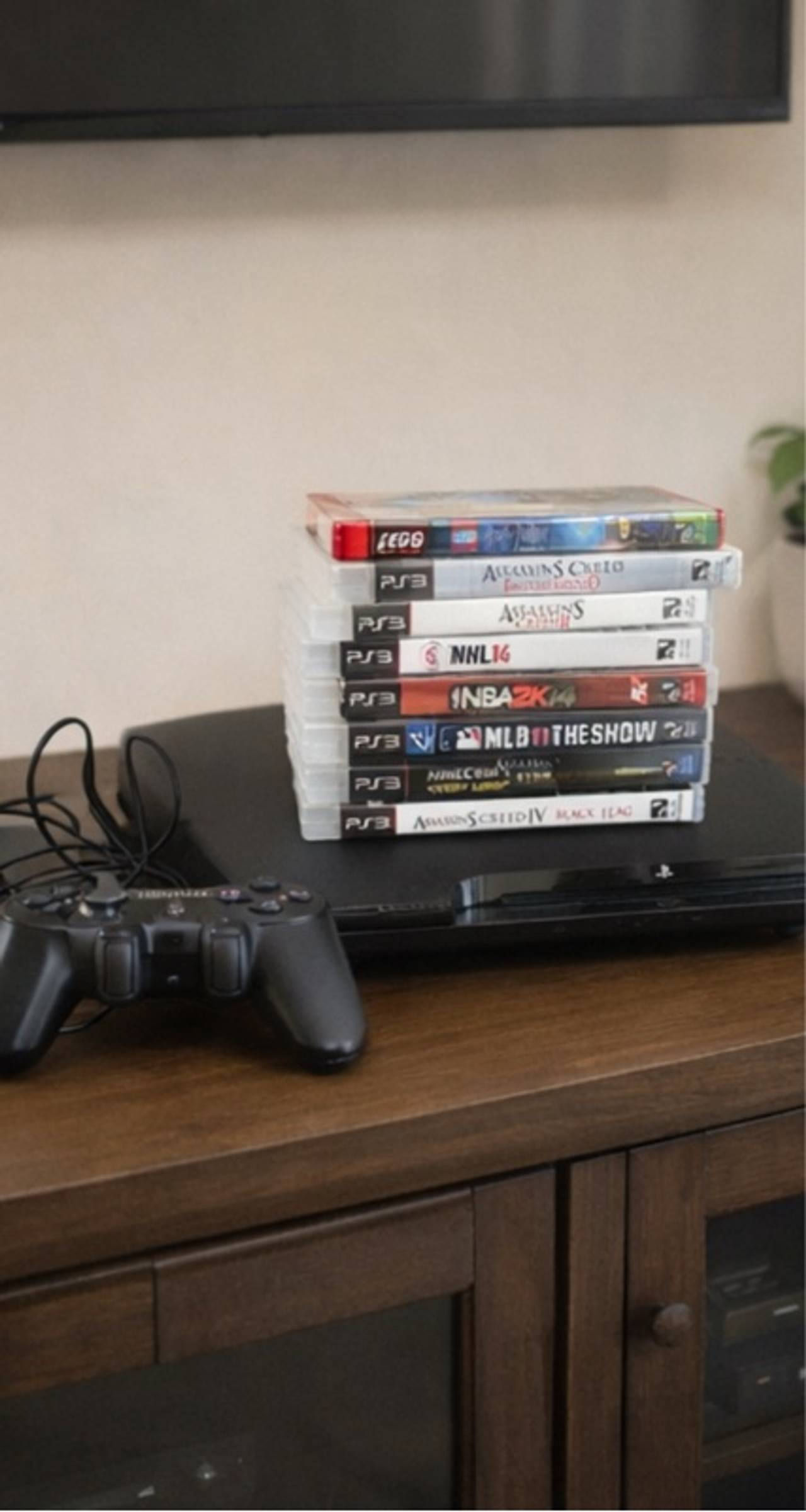 Sony PlayStation 3 Slim Black Console with one controller and games pictured