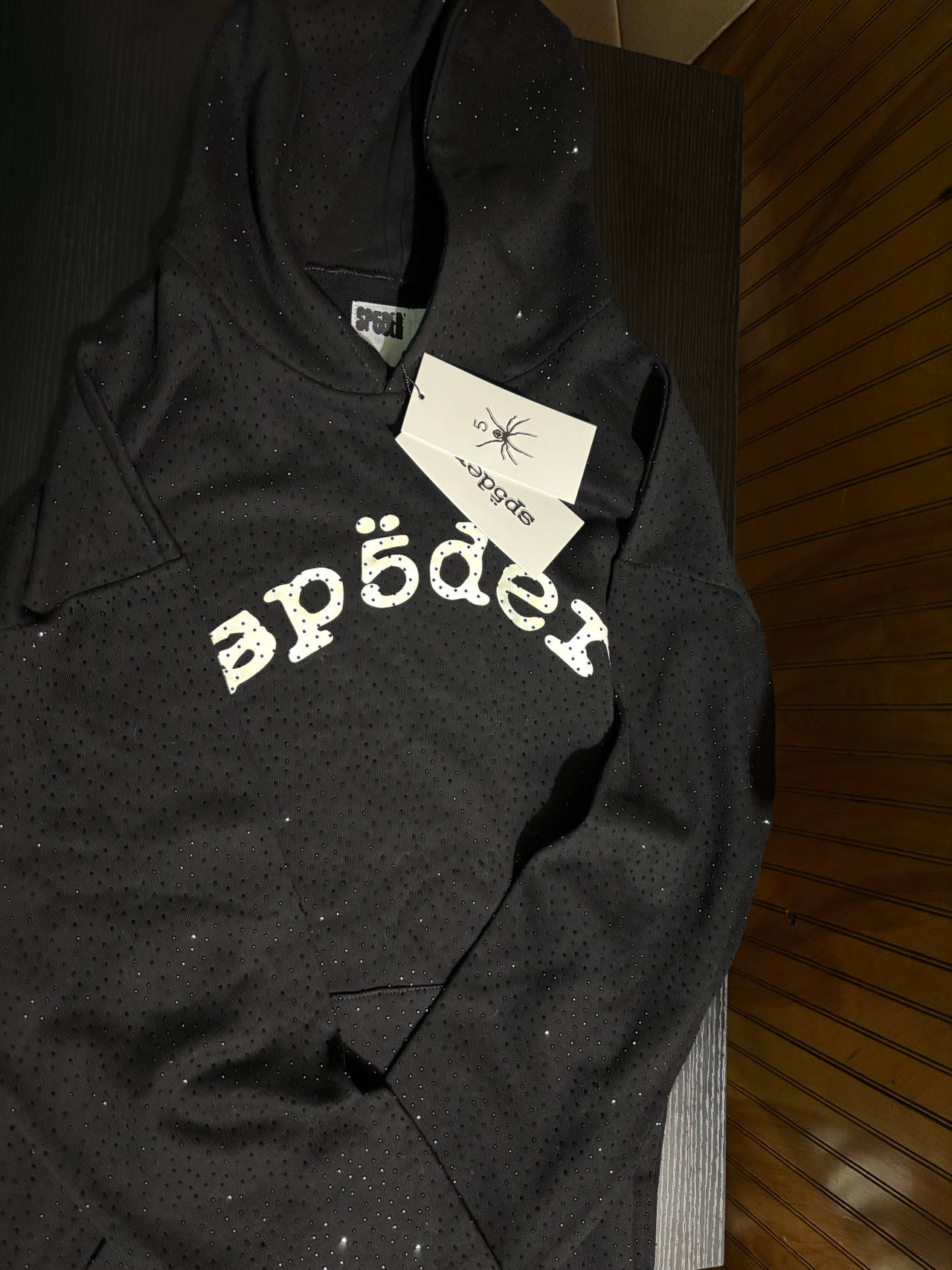 Sp5der Black Rhinestone Hoodie