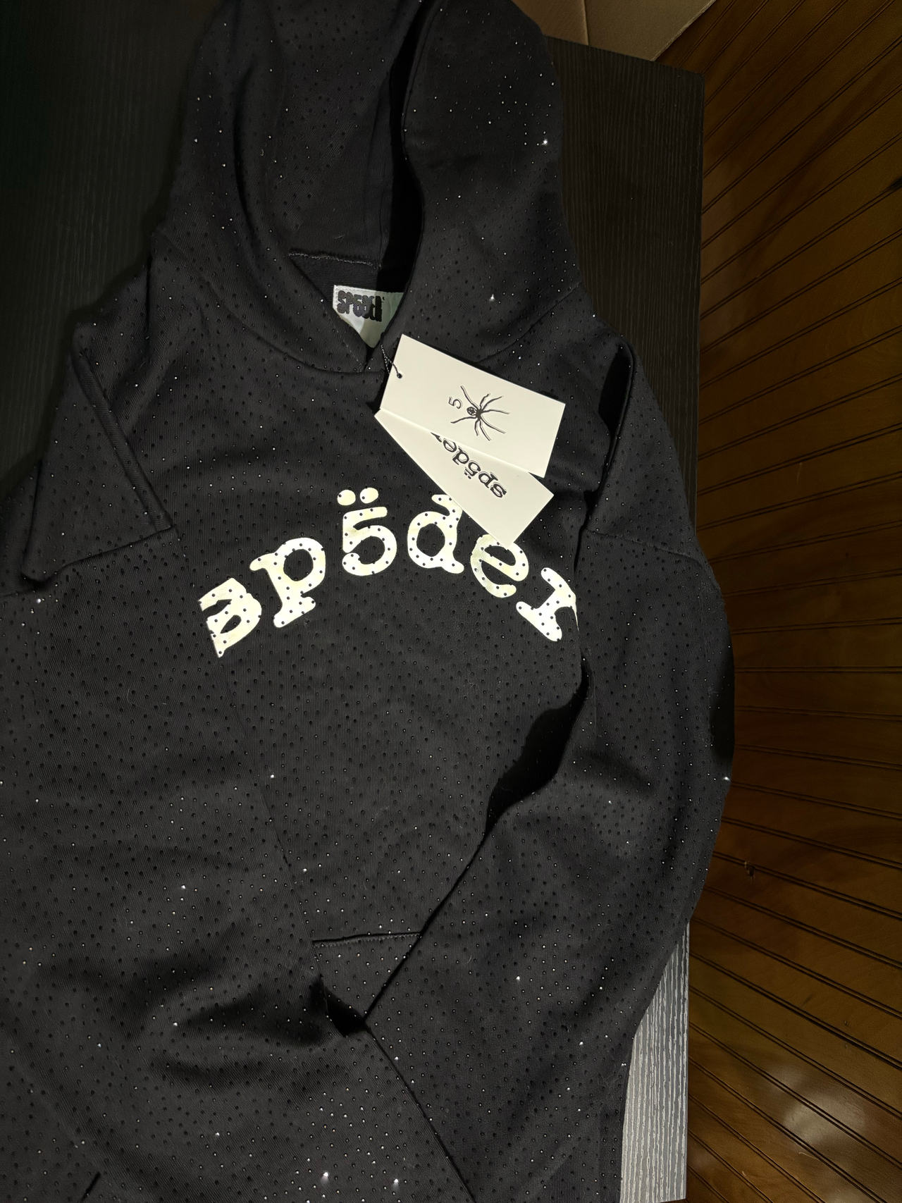 Sp5der Black Rhinestone Hoodie