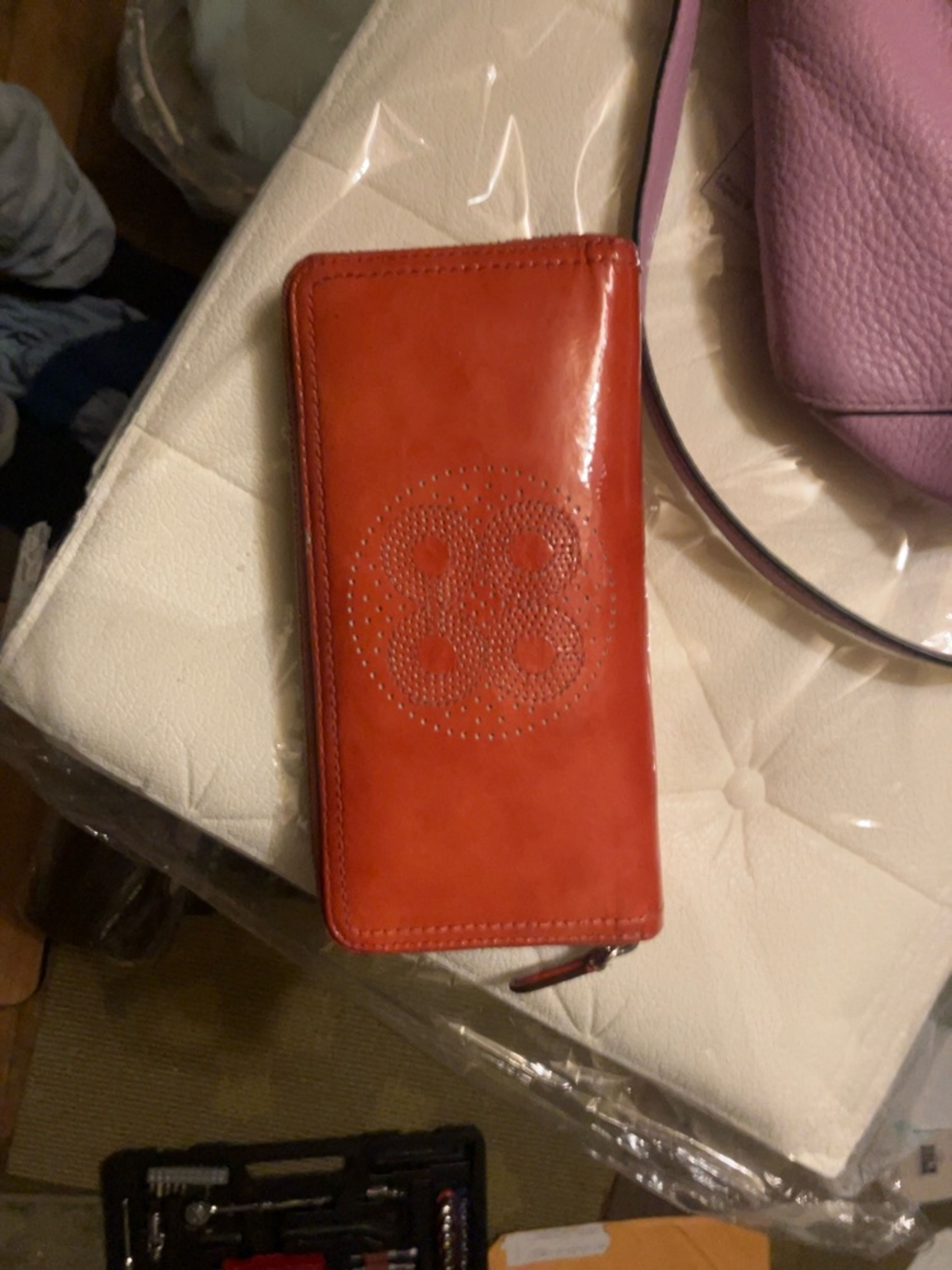 Coach Perforated C Patent Leather Zip Around Wallet Coral