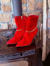 Red Suede Pointed Toe Boots with Gold Chain - Image 2