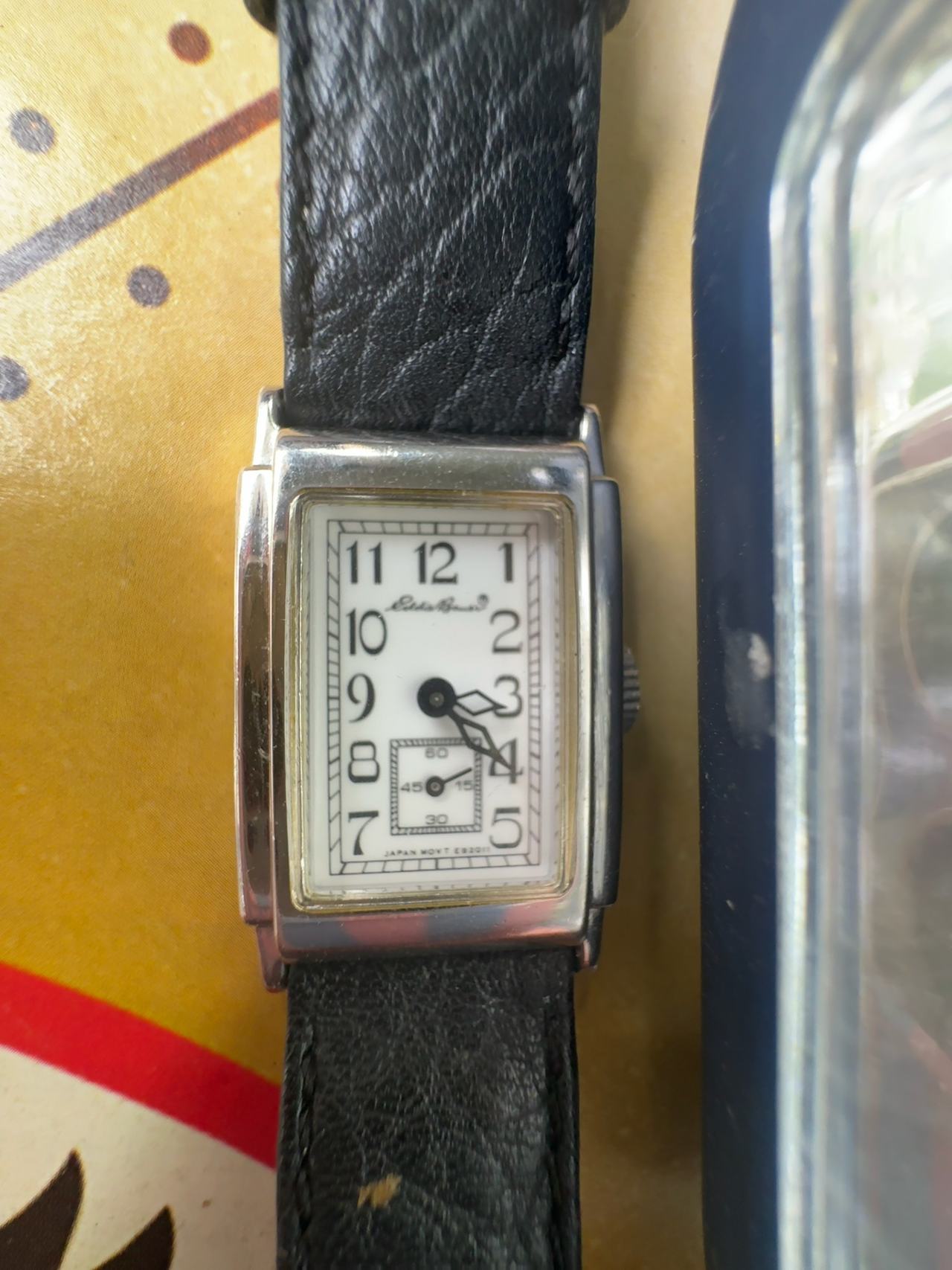 Eddie Bauer 70th Anniversary Tank Watch Silver Tone with Black Leather Strap