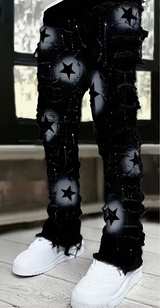 Temu Star Embroidered Fringe Jeans Black - Image 1