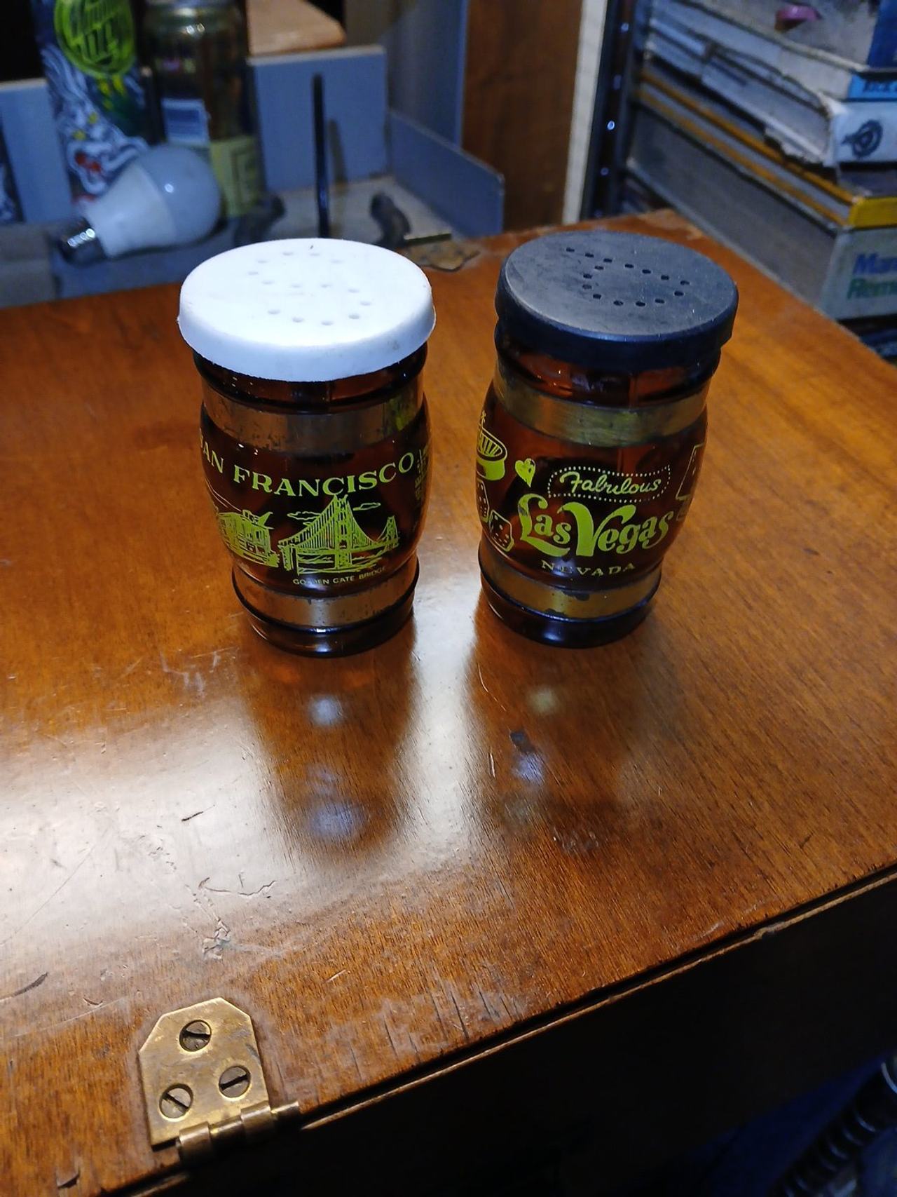 Vintage Amber Glass Barrel Souvenir Salt and Pepper Shakers