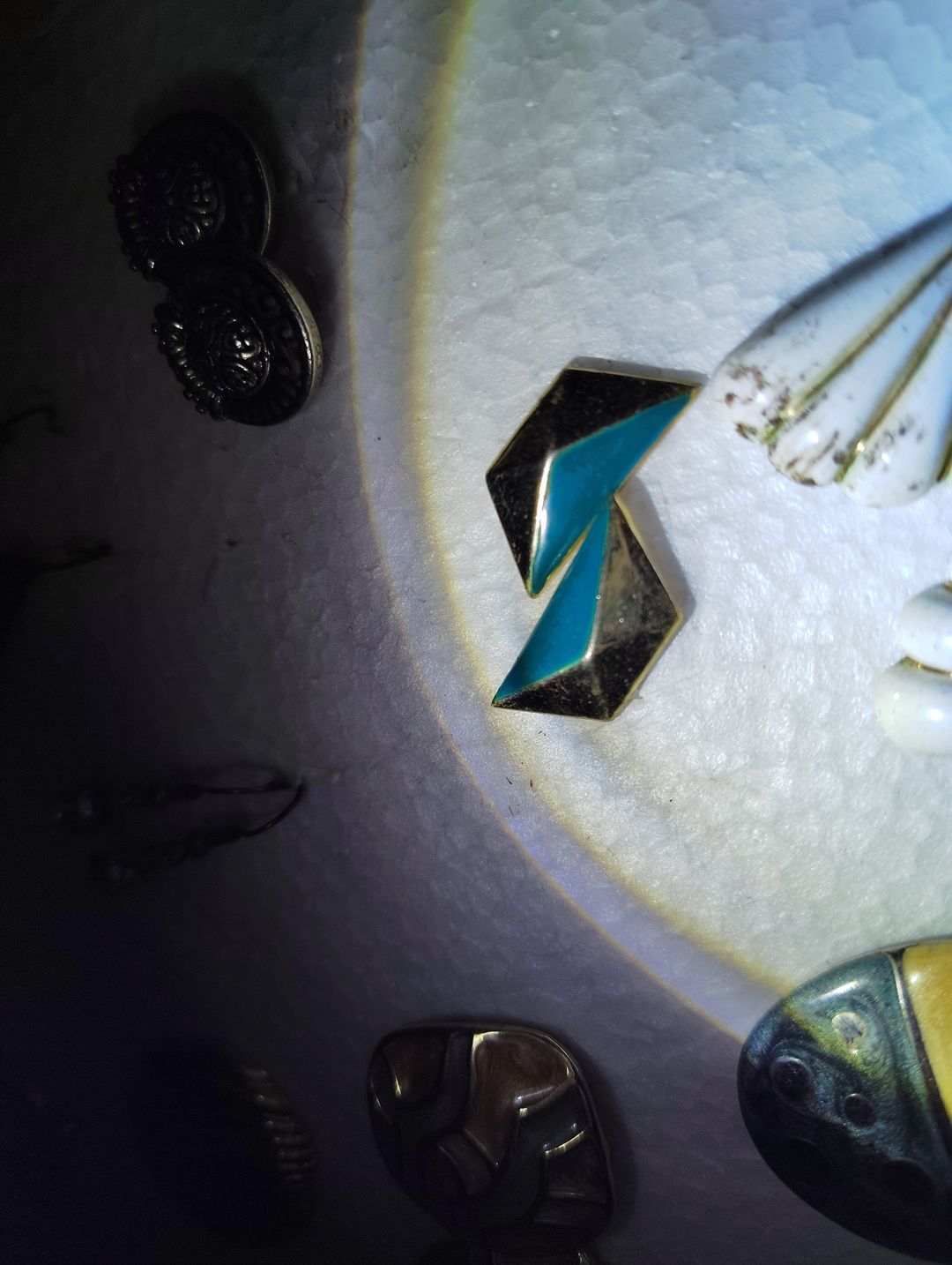 Vintage Geometric Teal Enamel Gold Tone Earrings