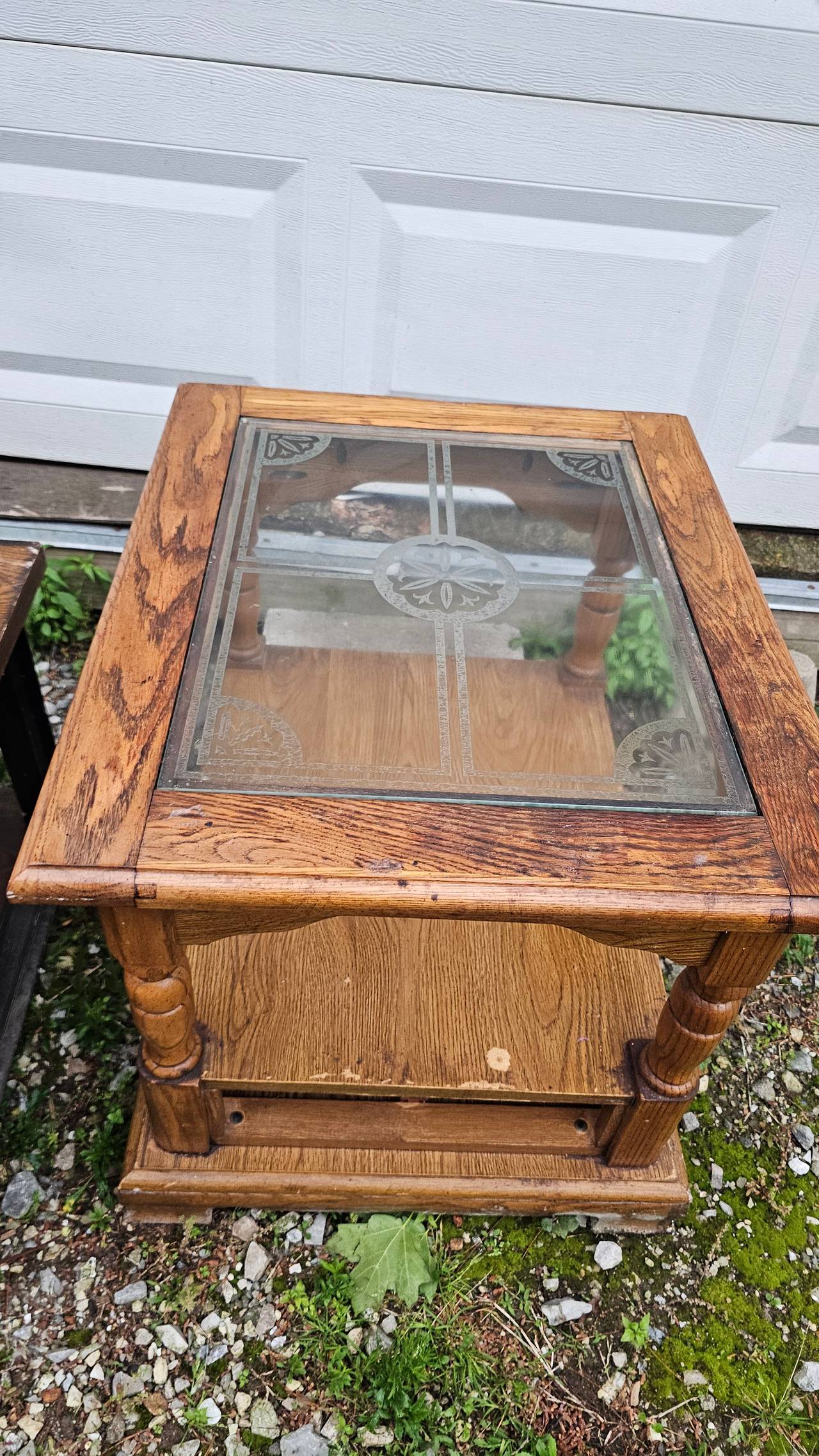 Vintage Oak End Table with Etched Glass Top