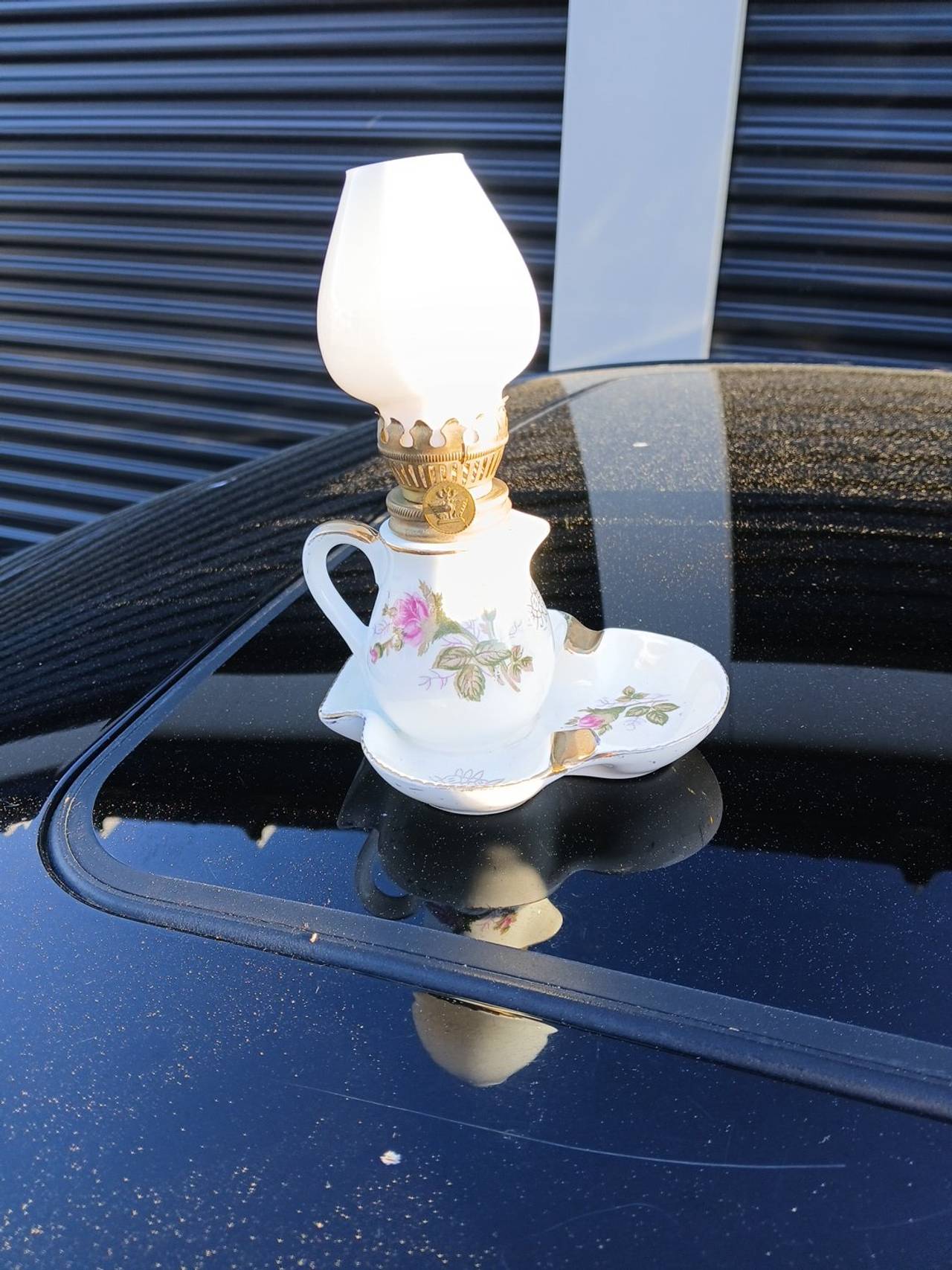 Vintage Porcelain Floral Oil Lamp with Ashtray Base