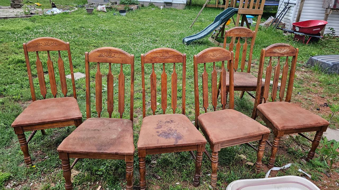 Vintage Oak Press Back Dining Chairs - Set of 6