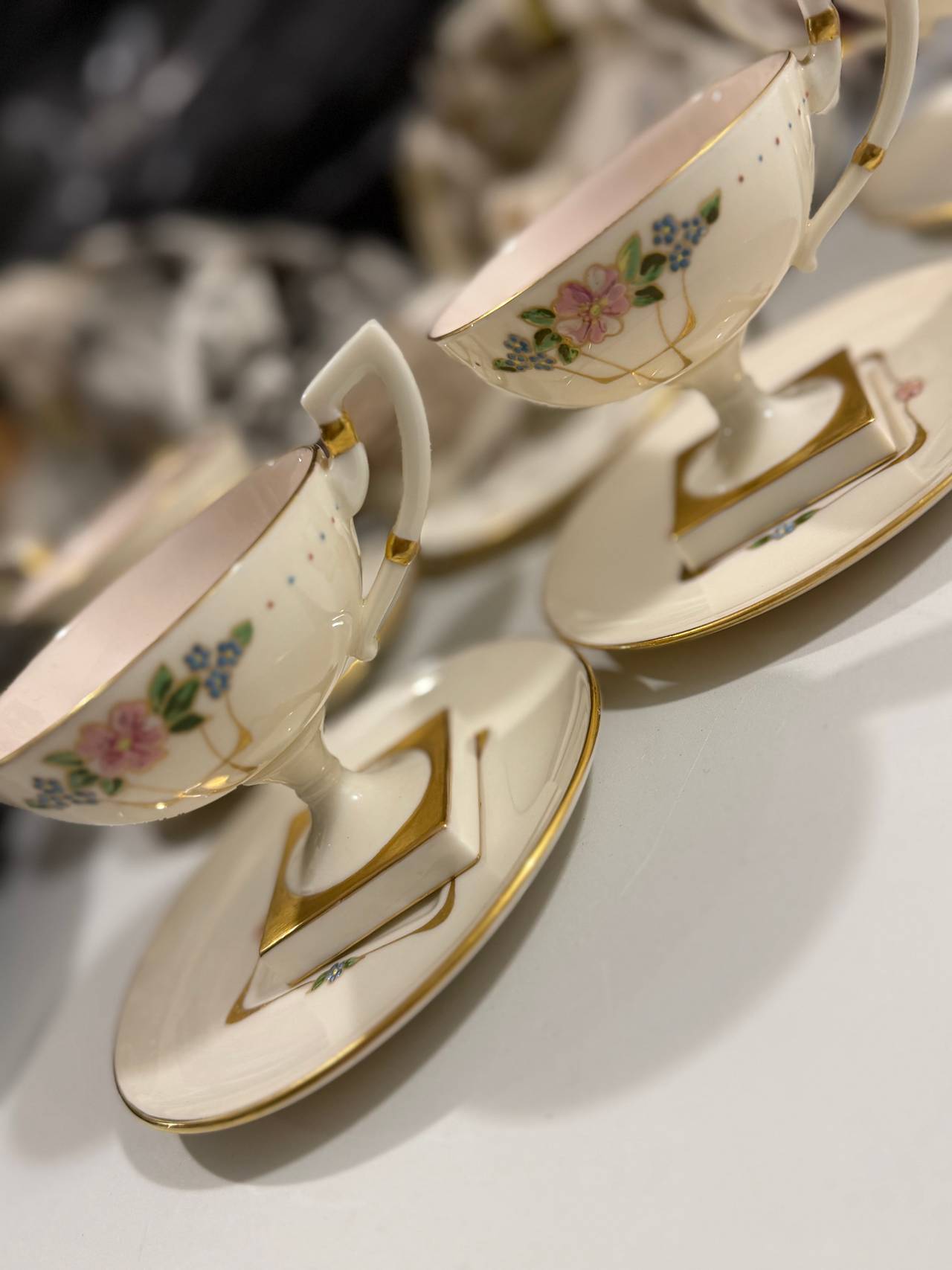 Vintage Porcelain Demitasse Espresso Cups & Saucers Set of 5 Gold Trim Floral Pi