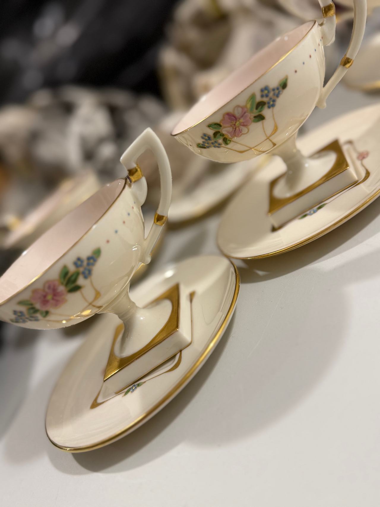 Vintage Porcelain Demitasse Espresso Cups & Saucers Set of 5 Gold Trim Floral Pi