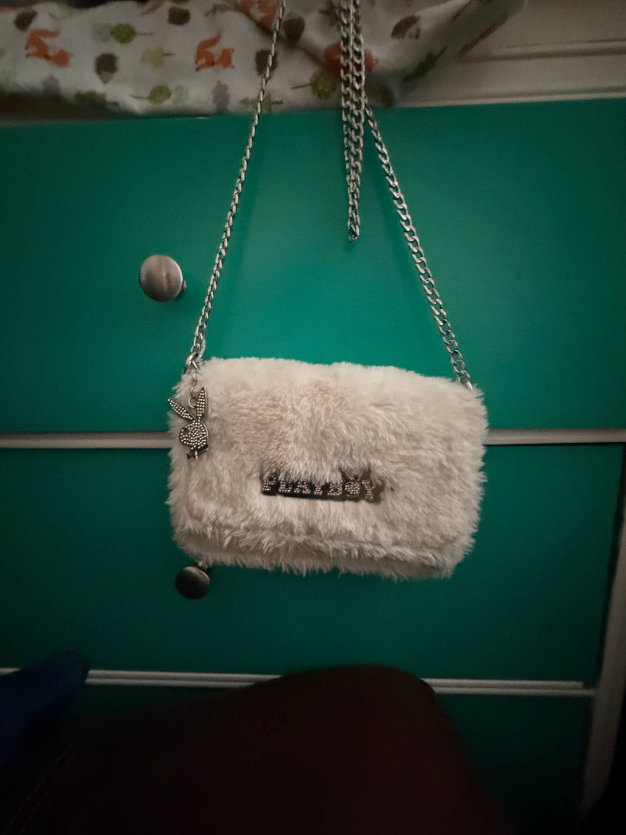 Playboy White Faux Fur Rhinestone Crossbody Bag