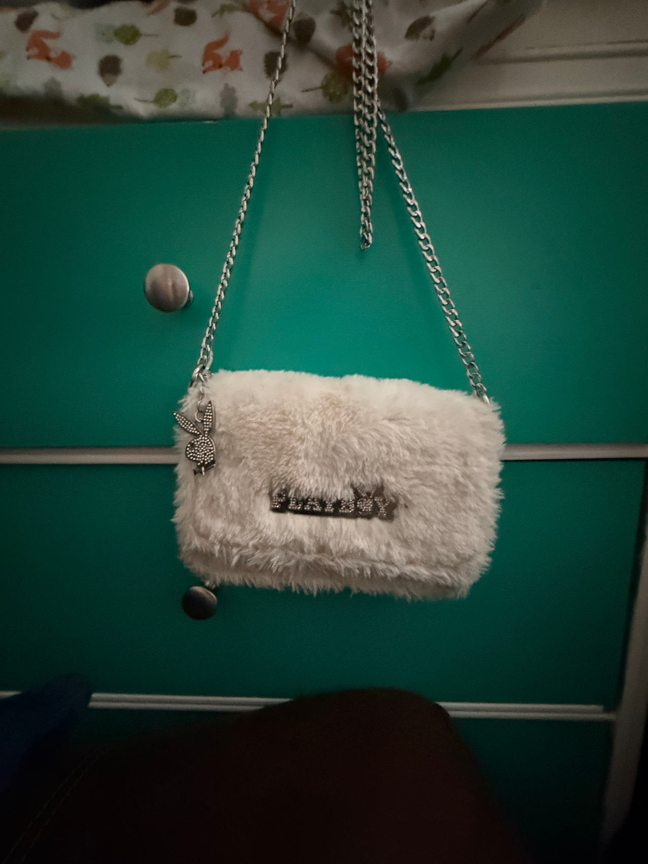Playboy White Faux Fur Rhinestone Crossbody Bag