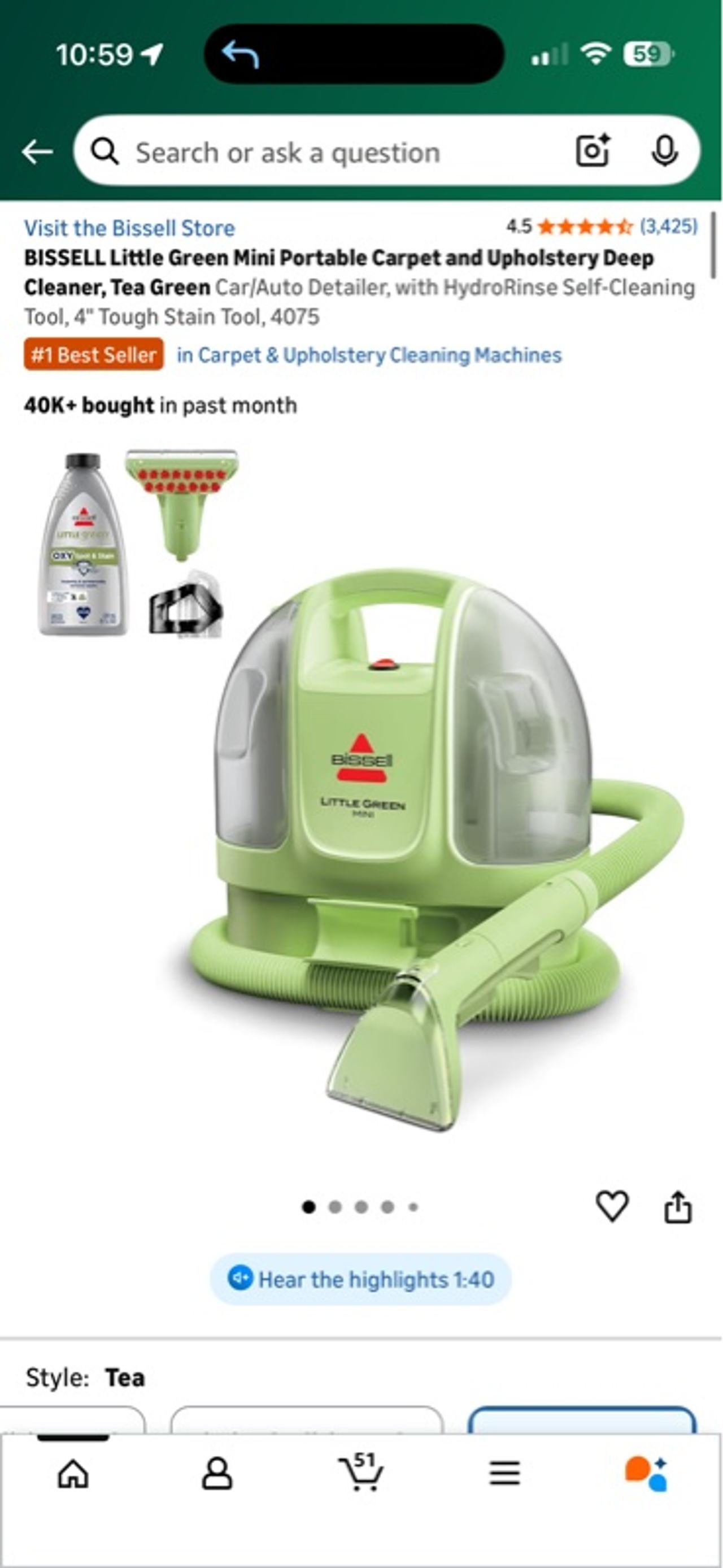 Bissell Little Green Mini Portable Carpet Cleaner - Green