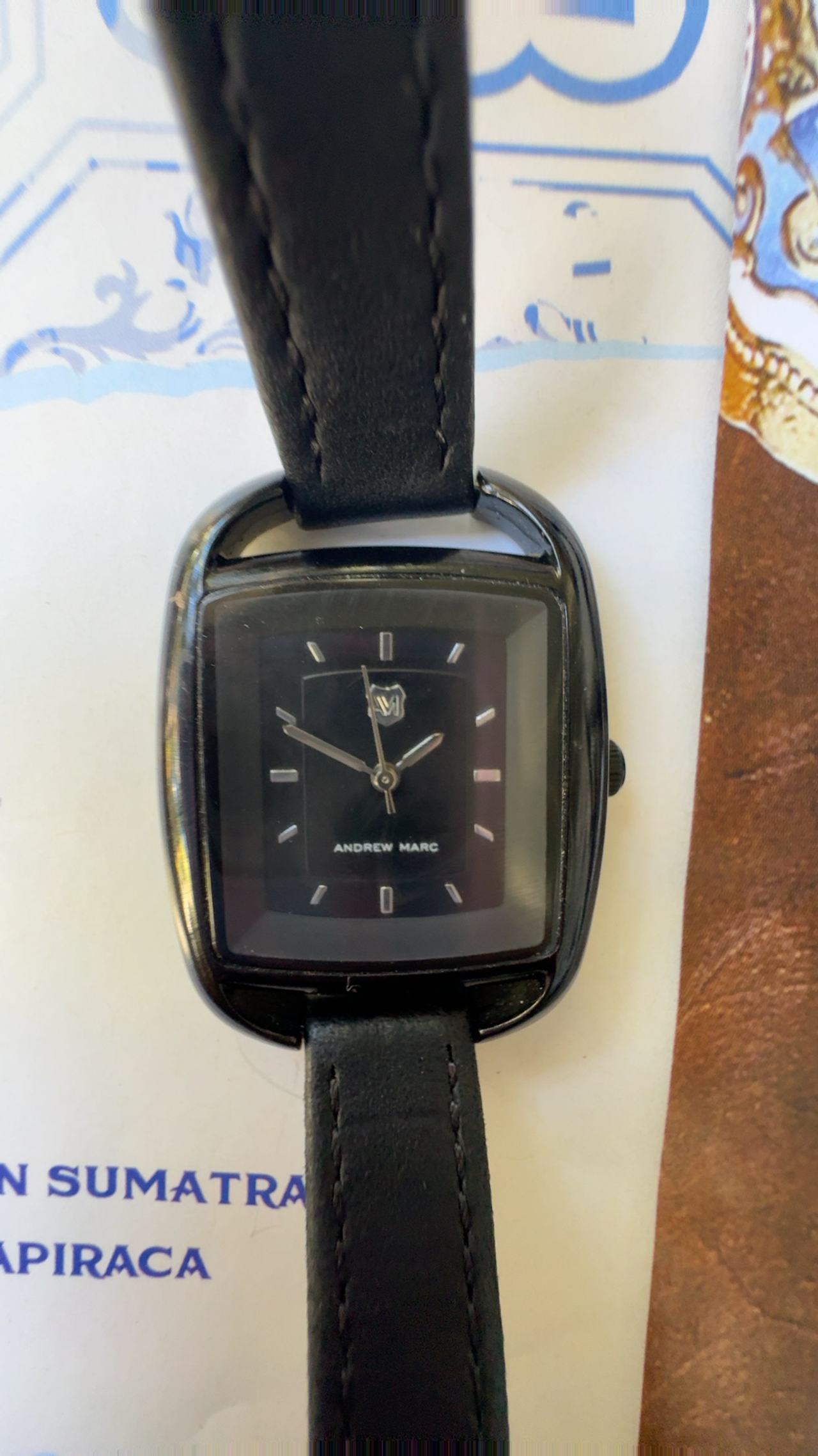 Peugeot Women's Mini Square Silvertone Watch with Black Leather Strap