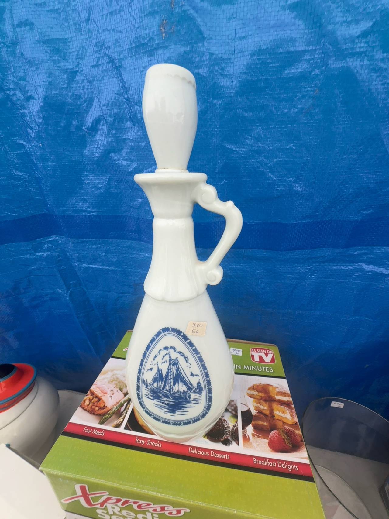 Jim Beam Vintage Milk Glass Decanter with Blue Sailboat and Windmill