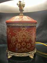 Vintage Late 20th Century Brass and Red Porcelain Tea Canister Lamps With Floral - Image 8