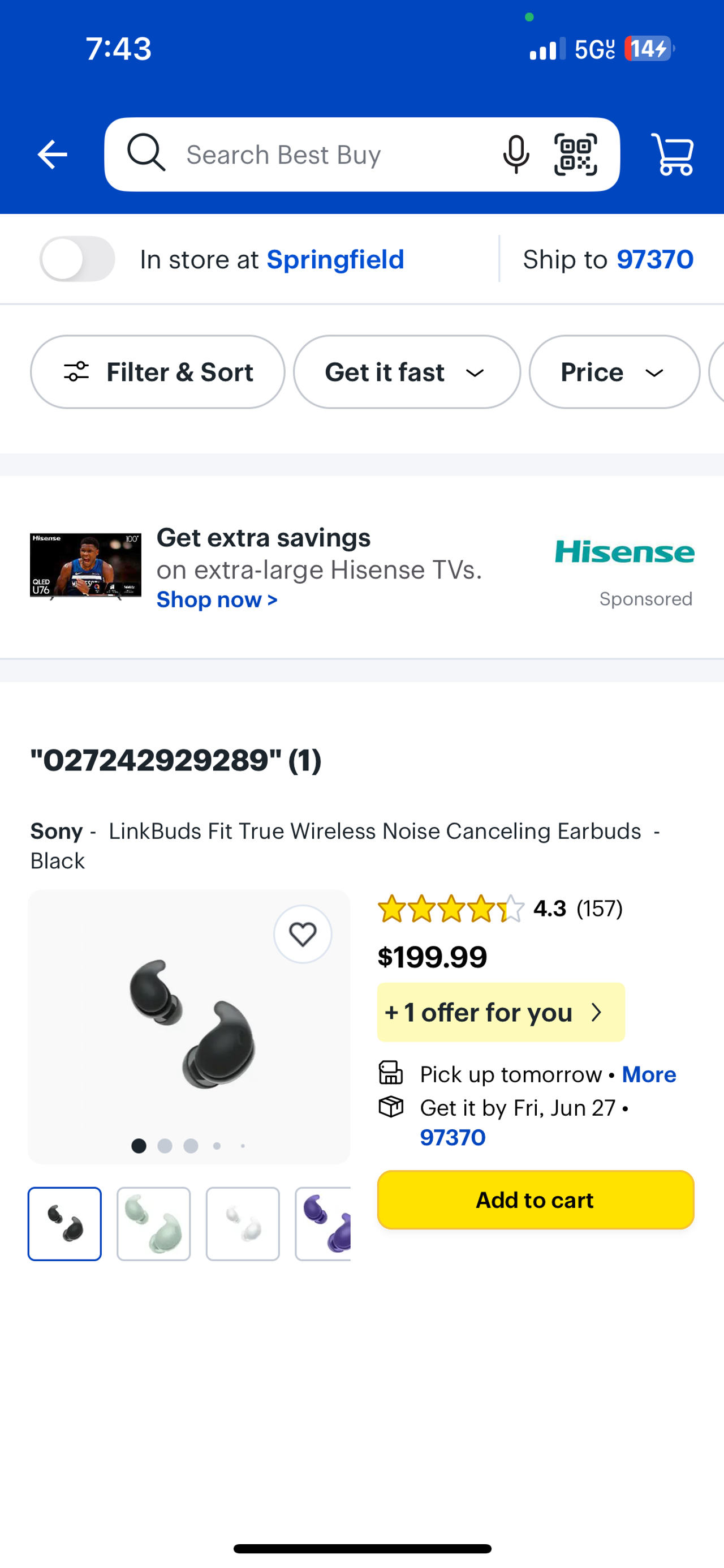 Sony LinkBuds Fit True Wireless Noise Canceling Earbuds