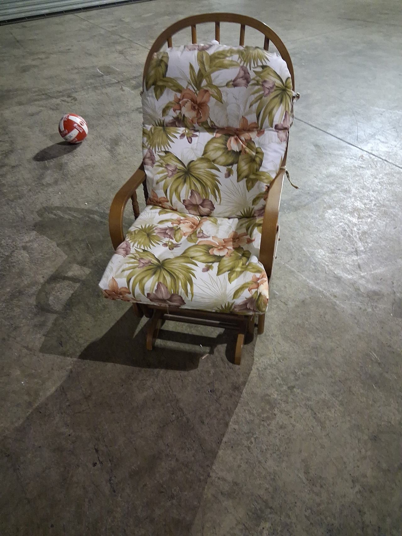 Dutailier Wooden Glider Rocker with Floral Cushions