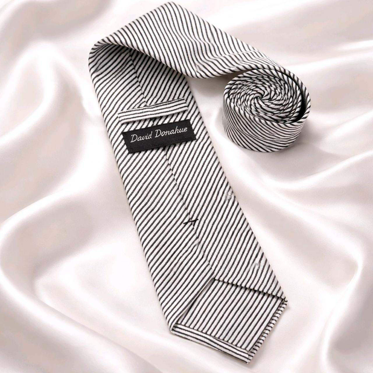 David Donahue Black and White Striped 100% Silk Tie