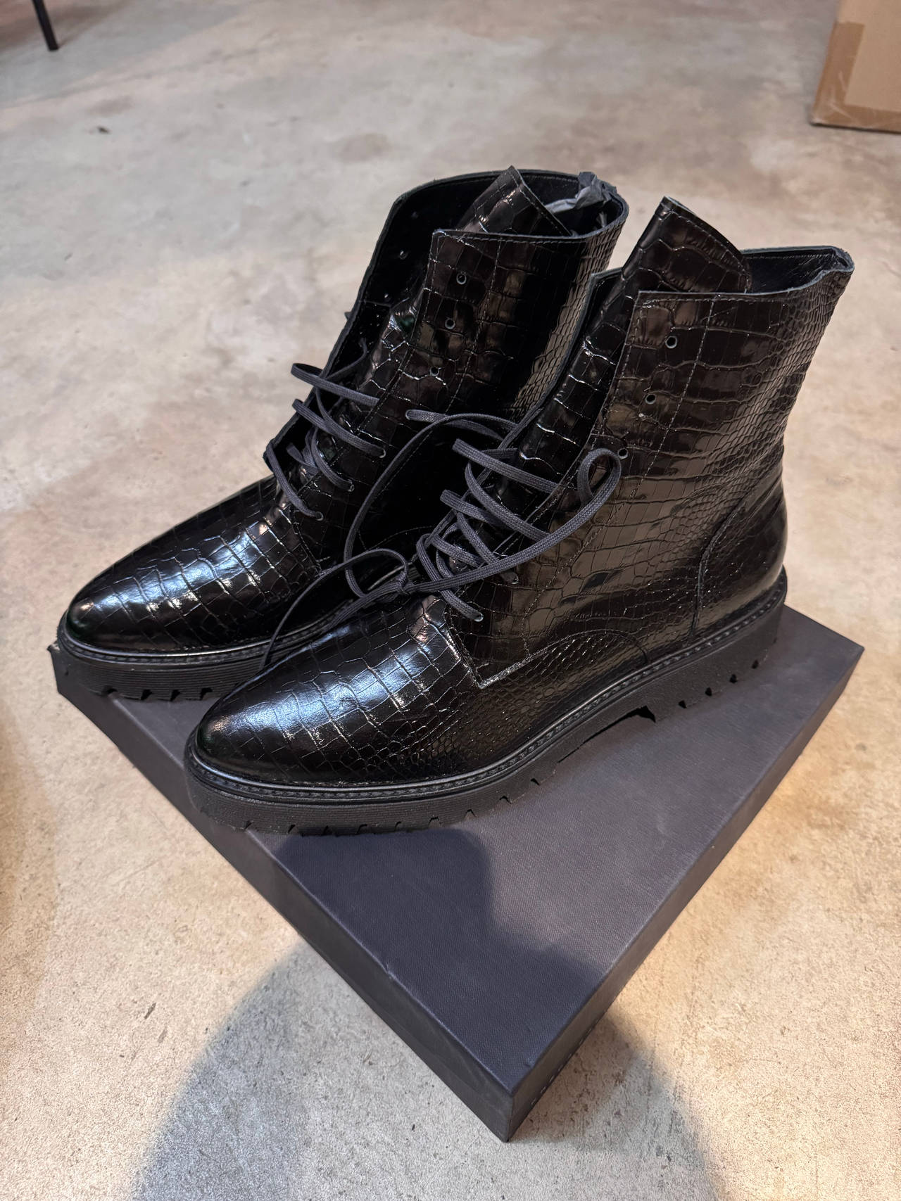 Black Croc-Embossed Leather Lace-Up Boots