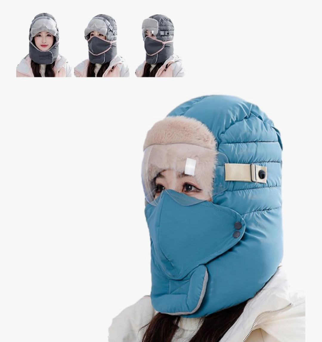 Blue Hat with Mask Goggles, Waterproof Fleece Lined Hood,Winter Full Cover Hats