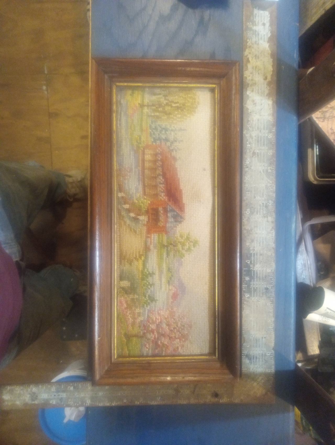 Vintage Framed Needlepoint Covered Bridge Wall Art