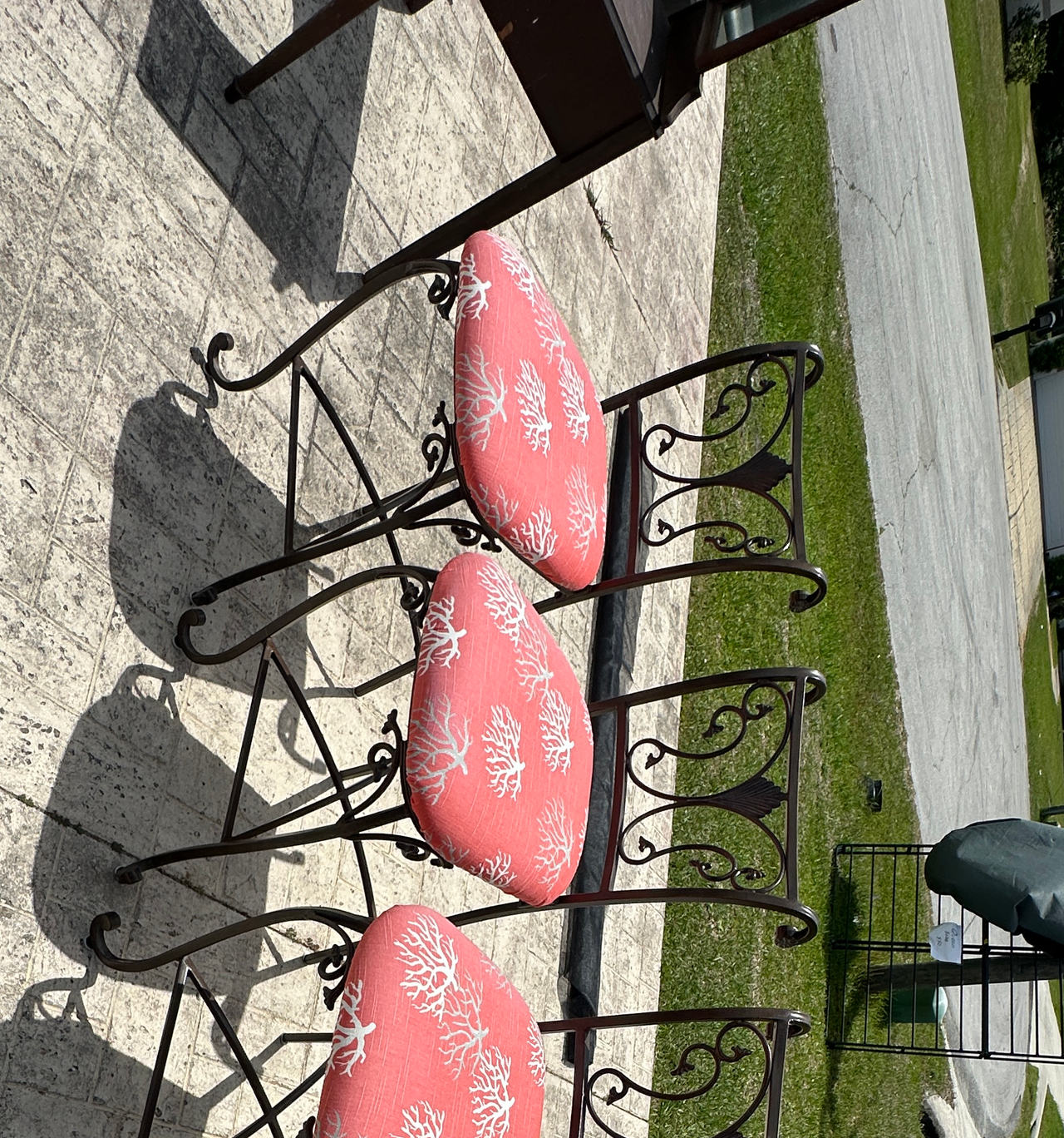 Wrought Iron Bar Stools with Coral Print Seats