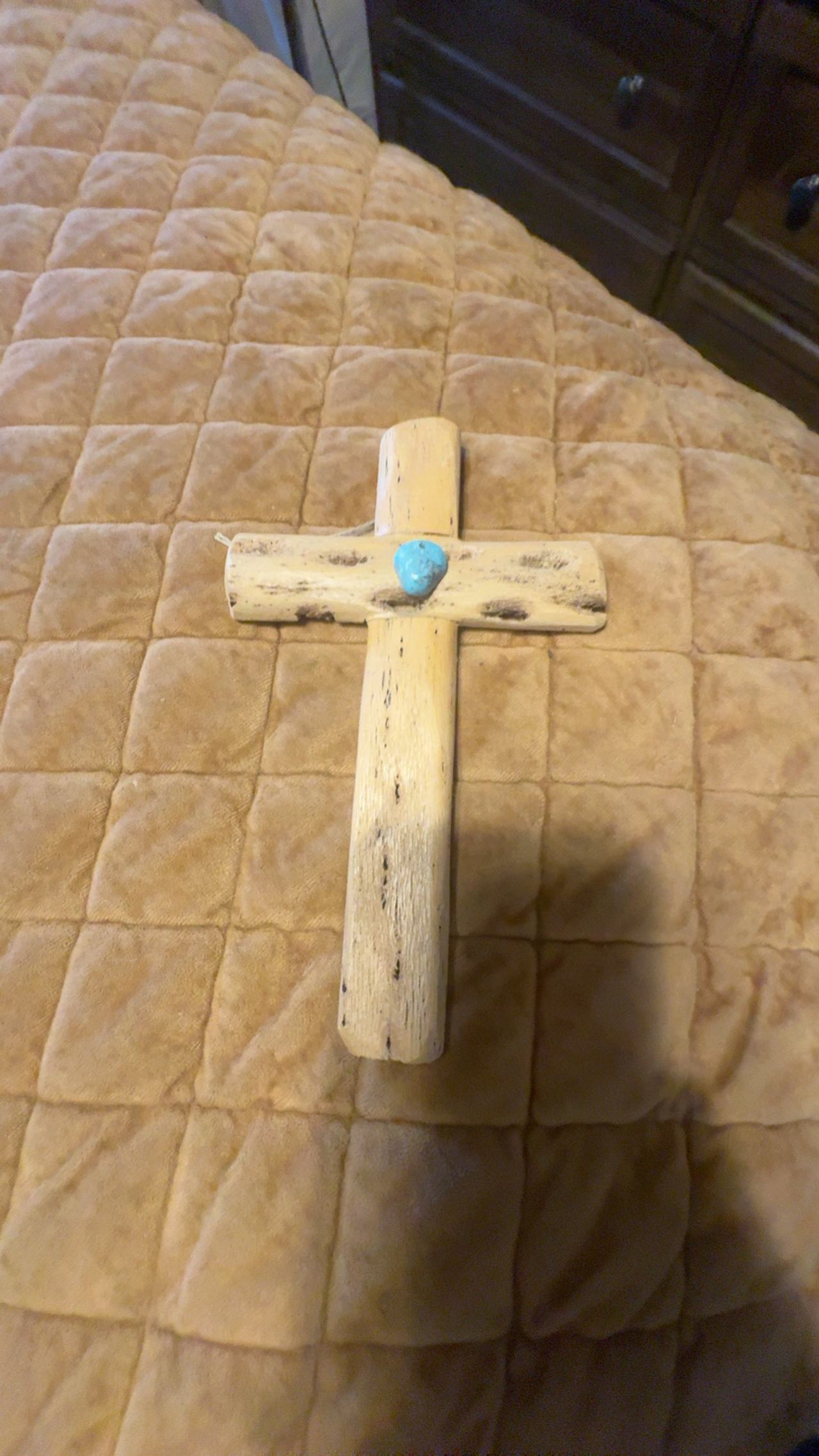Handcrafted Southwestern Wooden Cross with Turquoise Accents