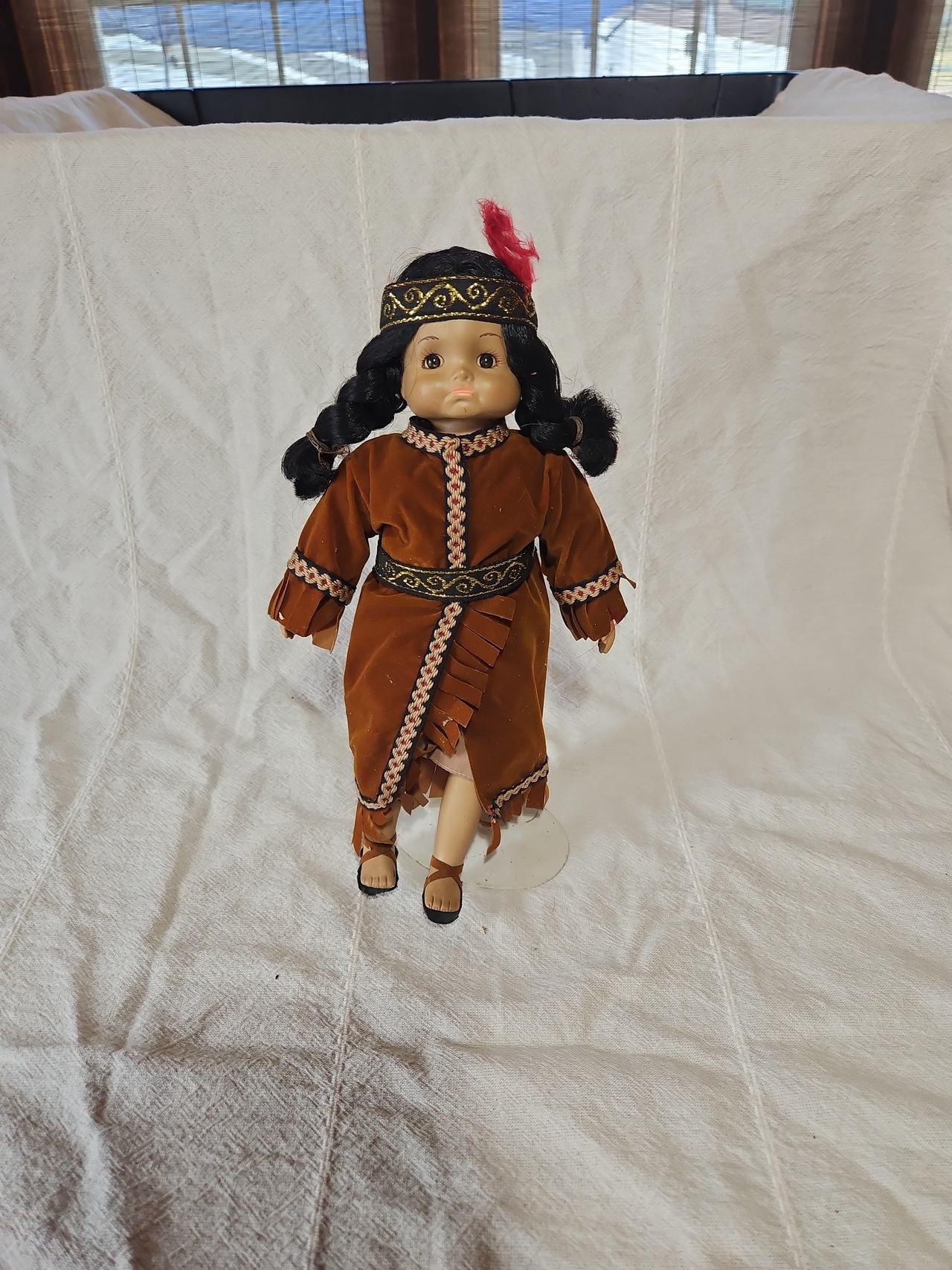 Vintage Native American Porcelain Doll with Stand