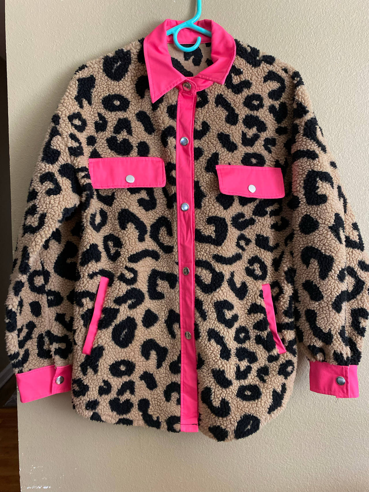 Small Leopard Print Sherpa Shacket with Pink Trim retro warm y2k