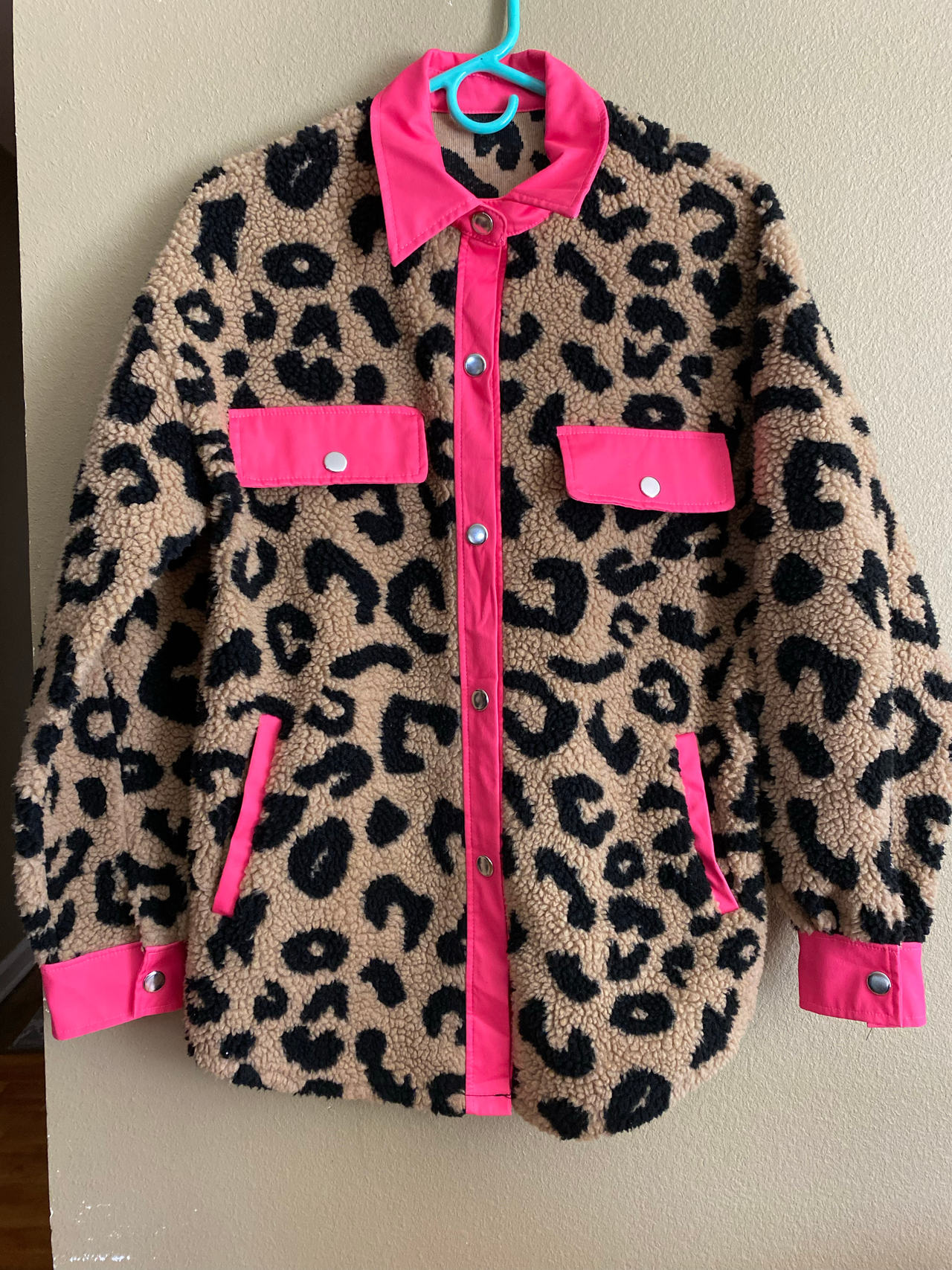 Small Leopard Print Sherpa Shacket with Pink Trim retro warm y2k