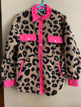 Small Leopard Print Sherpa Shacket with Pink Trim retro warm y2k - Image 1