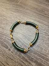 Vintage Nephrite Jade Tube Bracelet with Gold Tone Chain - Image 1
