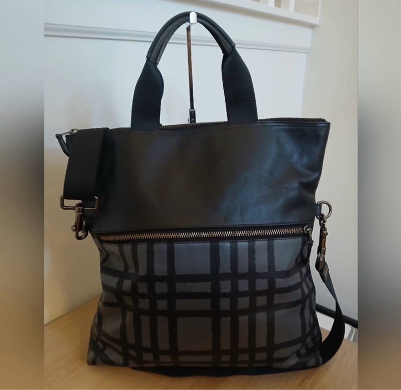 Coach Charles Foldover Plaid Tote Bag Black/Gray