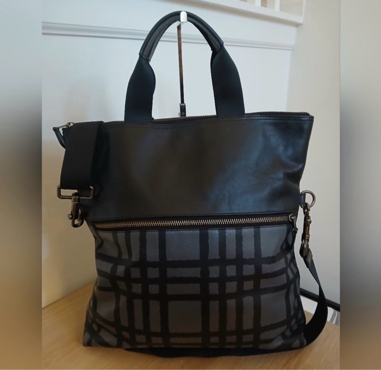 Coach Charles Foldover Plaid Tote Bag Black/Gray