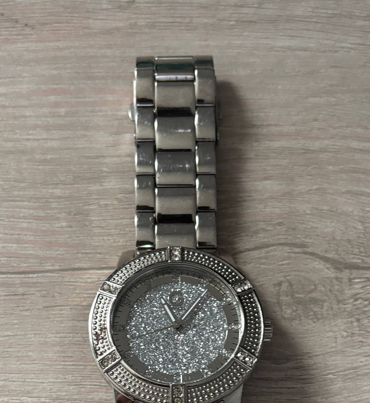 Guess Silver Tone Glitter Dial Watch