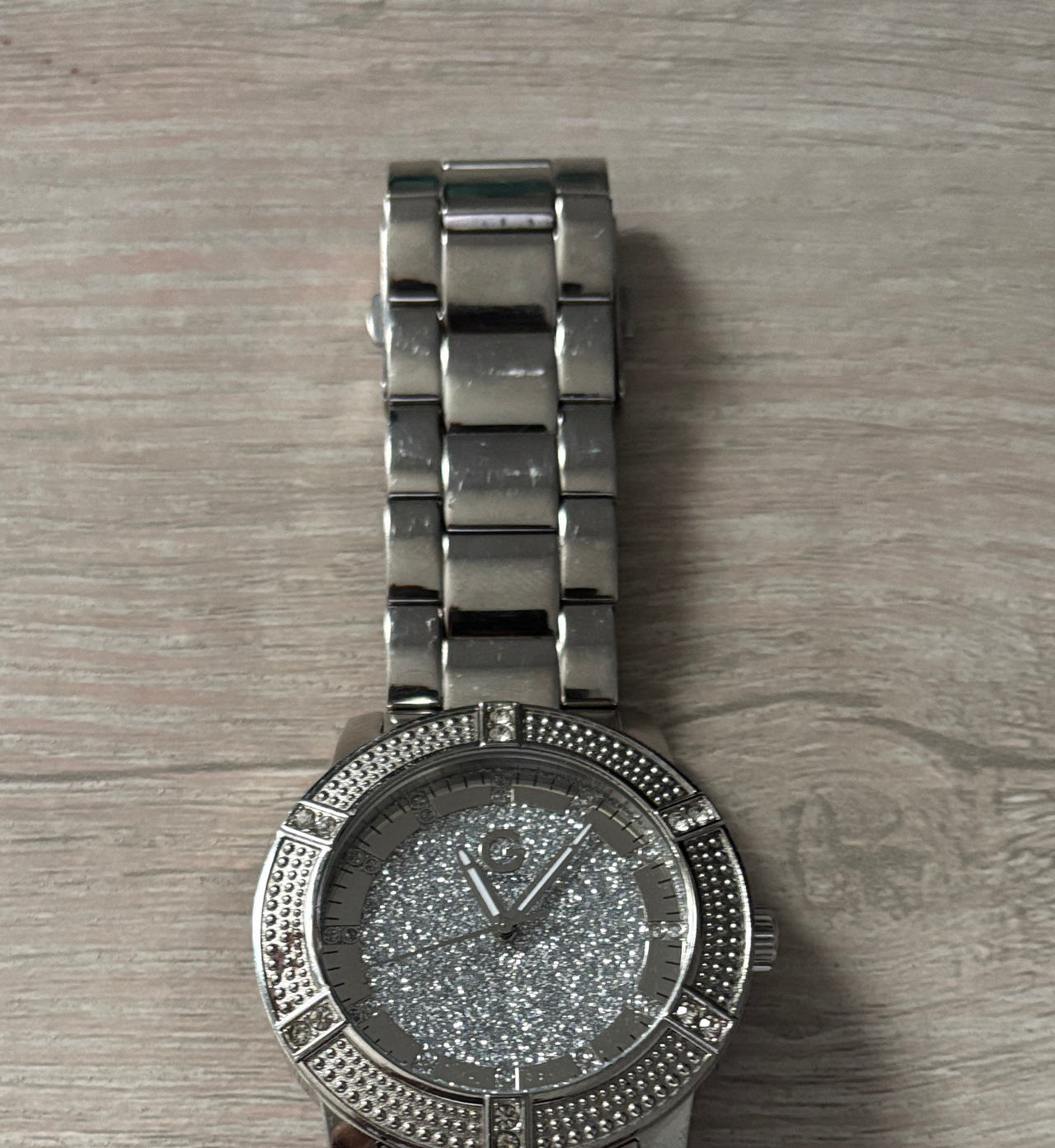 Guess Silver Tone Glitter Dial Watch