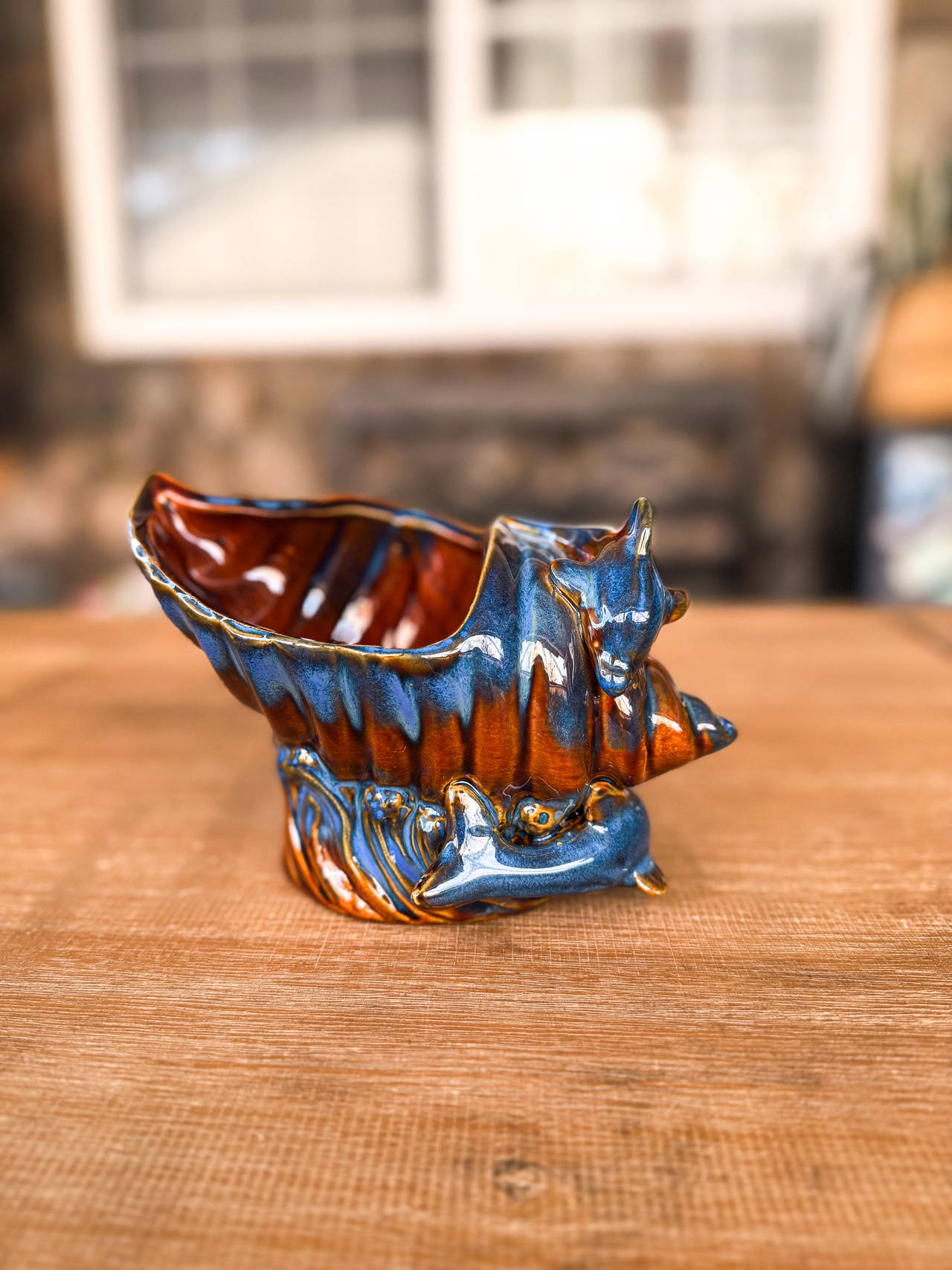 Vintage Nautical Drip Glaze Shell Dolphin Planter