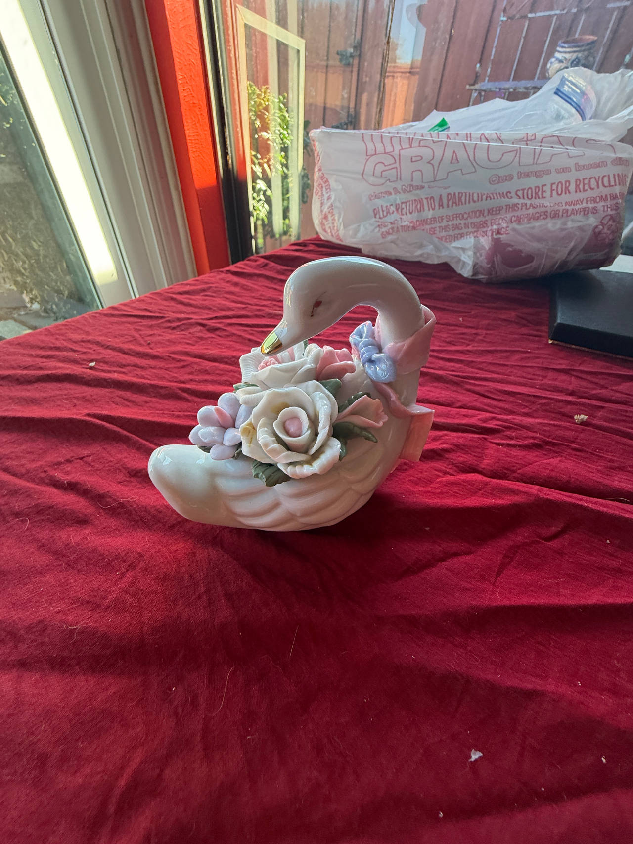 Vintage Ceramic Swan Figurine with Applied Flowers and Pink Bow