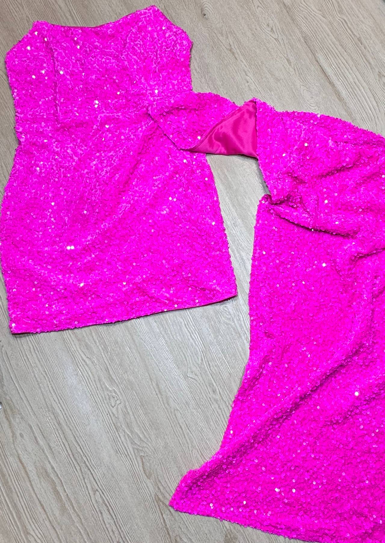 Fashion Nova Neon Pink Sequin Mini Dress with Sash