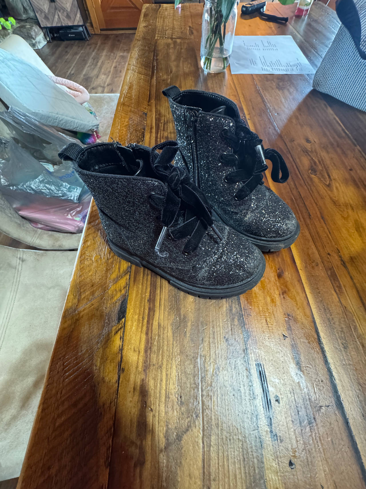 Cat & Jack Girls Black Glitter Combat Boots