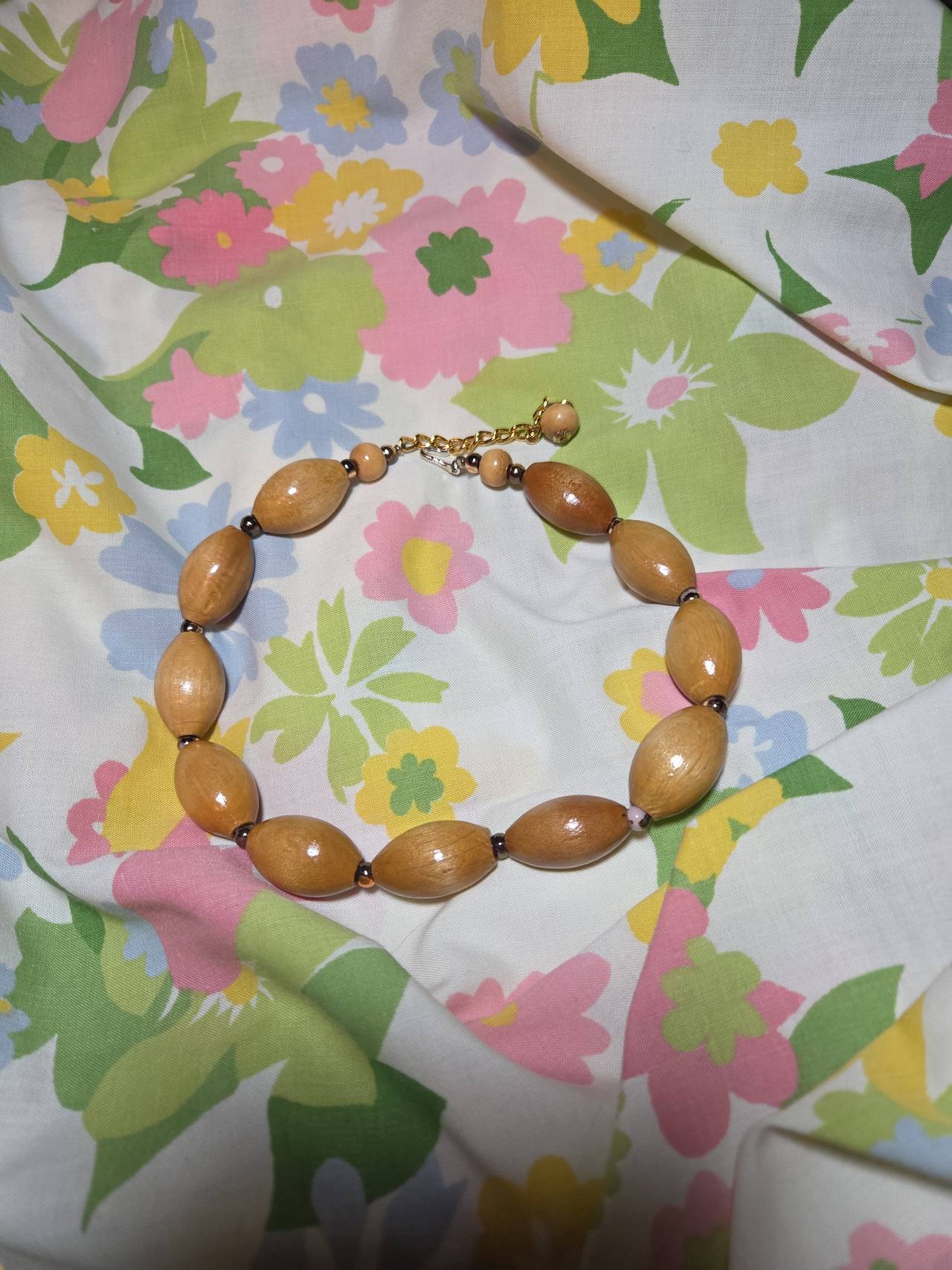 Vintage Oval Wooden Bead Necklace
